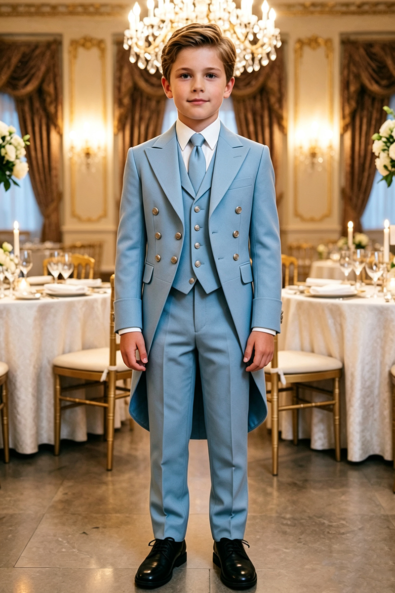 Boys Light Blue Tailcoat Tuxedo 3-Piece Suit for Weddings with Peak Lapel