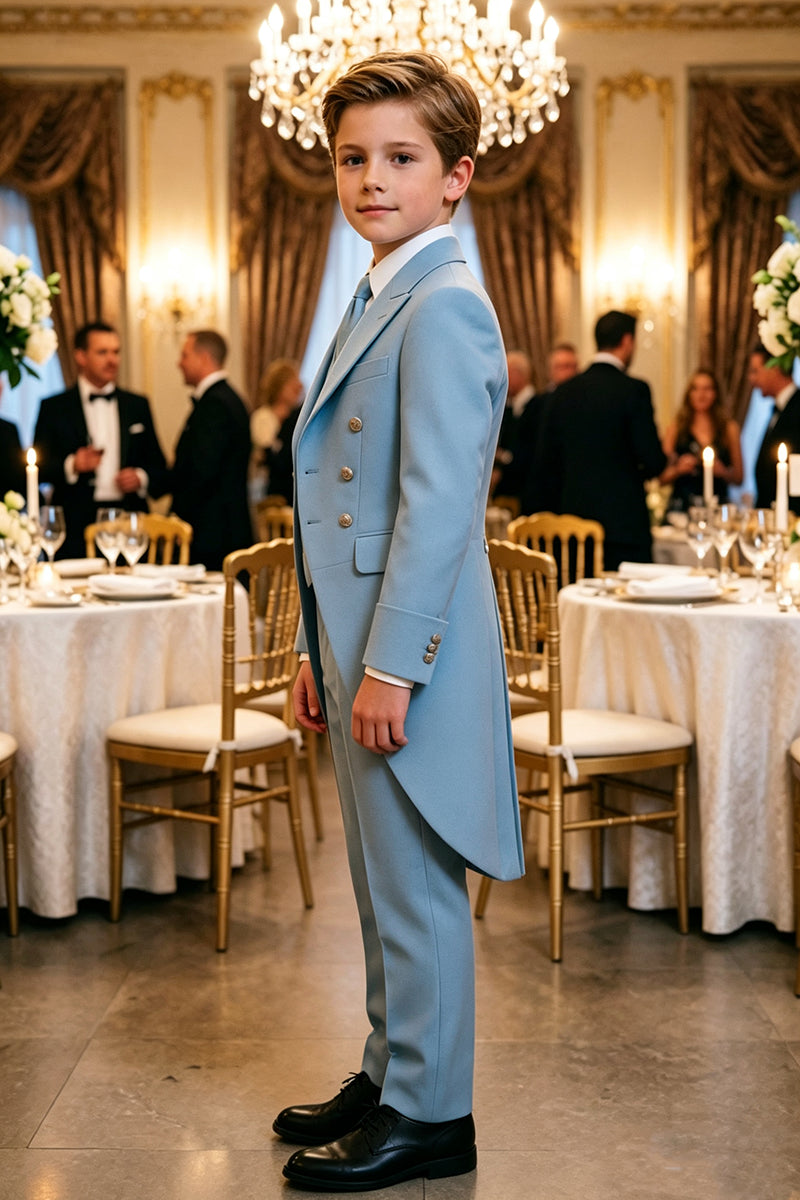 Boys Light Blue Tailcoat Tuxedo 3-Piece Suit for Weddings with Peak Lapel