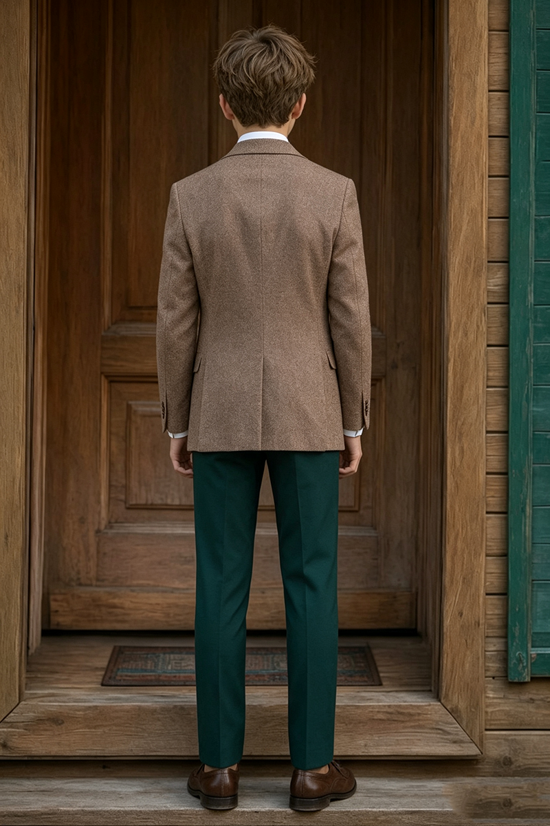 Boys Brown Tweed with Contrast Green Trousers 2-Piece Suit for Weddings