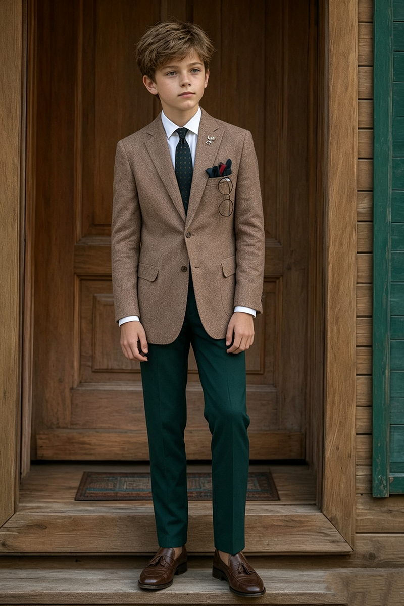 Boys Brown Tweed with Contrast Green Trousers 2-Piece Suit for Weddings