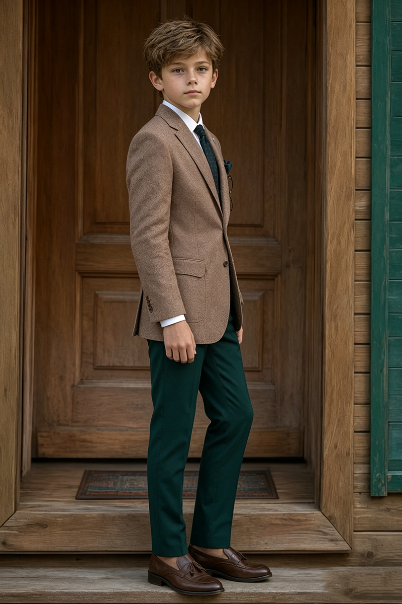 Boys Brown Tweed with Contrast Green Trousers 2-Piece Suit for Weddings