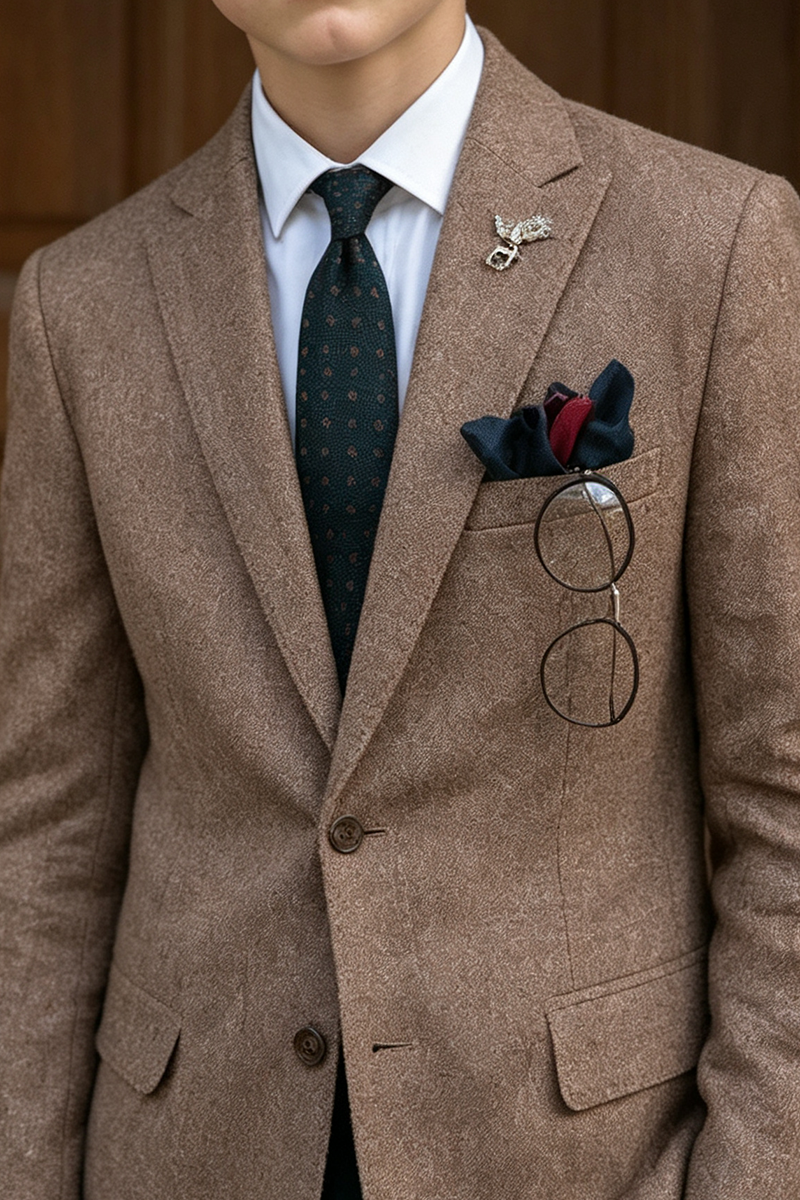 Boys Brown Tweed with Contrast Green Trousers 2-Piece Suit for Weddings
