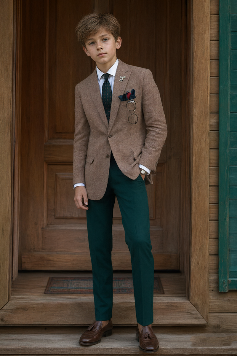 Boys Brown Tweed with Contrast Green Trousers 2-Piece Suit for Weddings