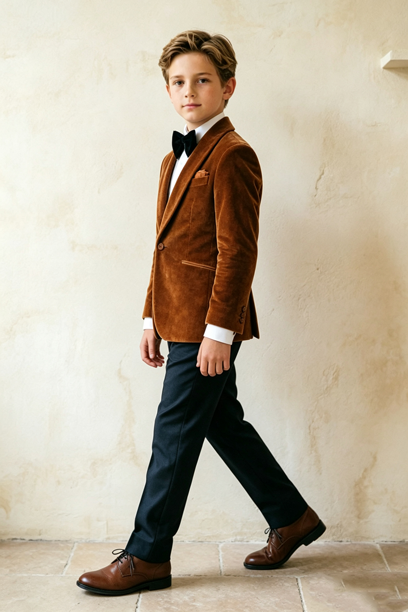 Boys Brown Velvet with Shawl Lapel 2-Piece Suit for Weddings