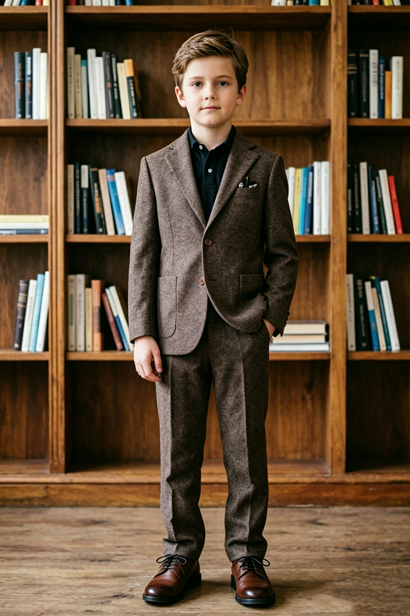 Boys Brown Tweed with Classic Notch Lapel 2-Piece Suit for Weddings