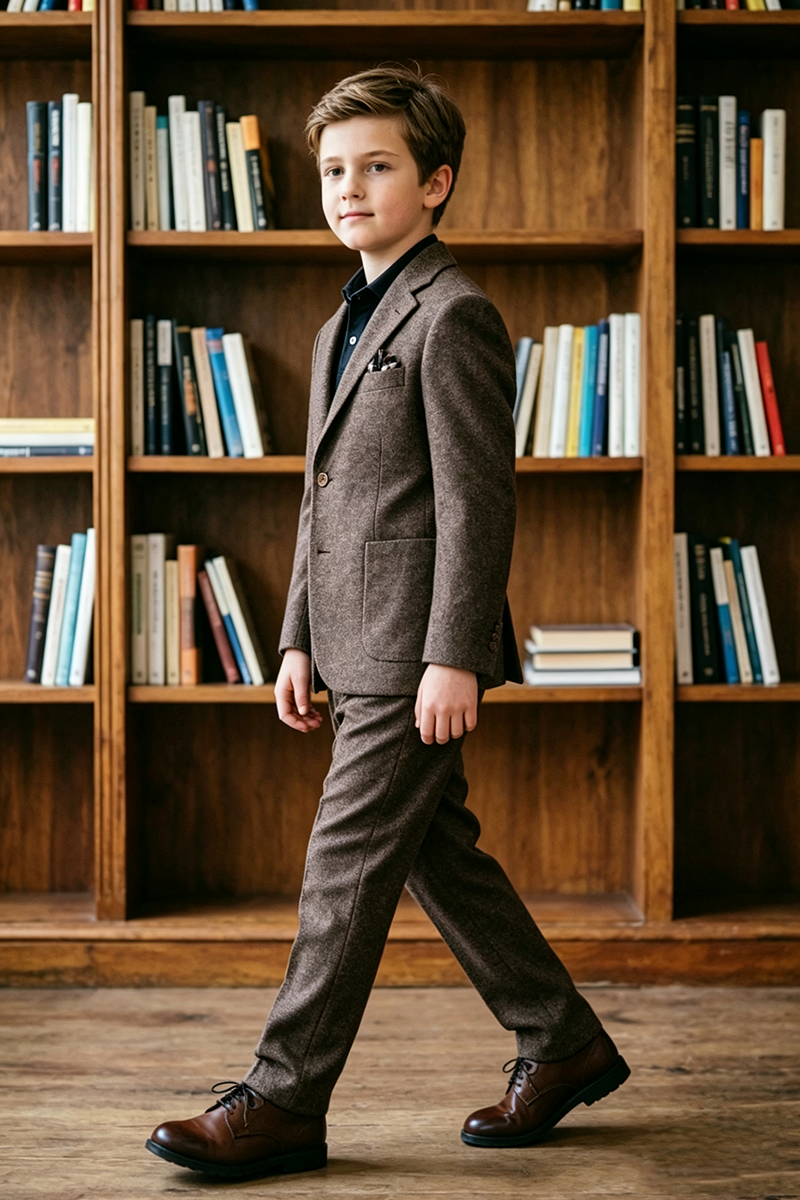 Boys Brown Tweed with Classic Notch Lapel 2-Piece Suit for Weddings