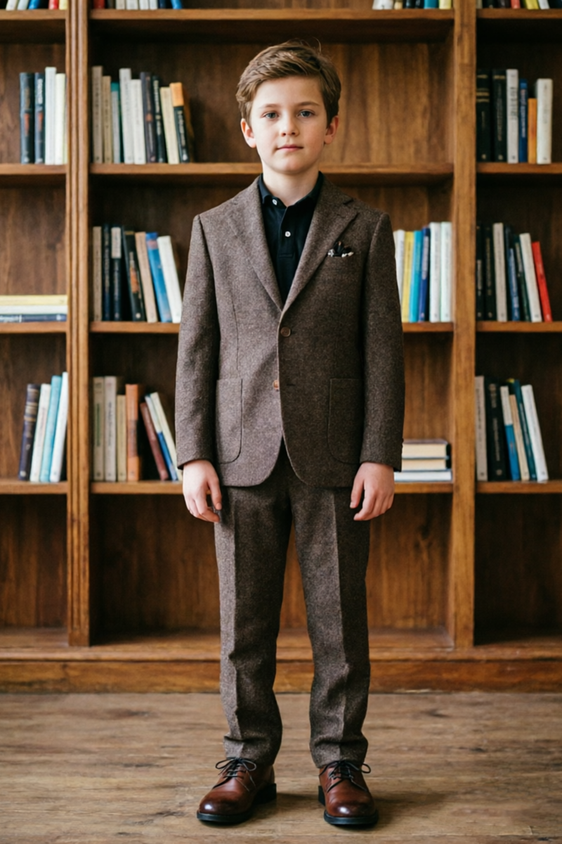Boys Brown Tweed with Classic Notch Lapel 2-Piece Suit for Weddings