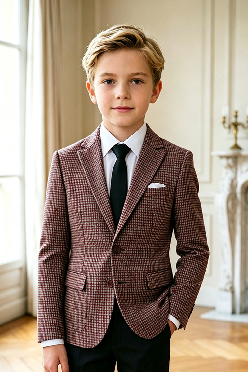 Boys Burgundy Houndstooth Blazer for Weddings with Notch Lapel
