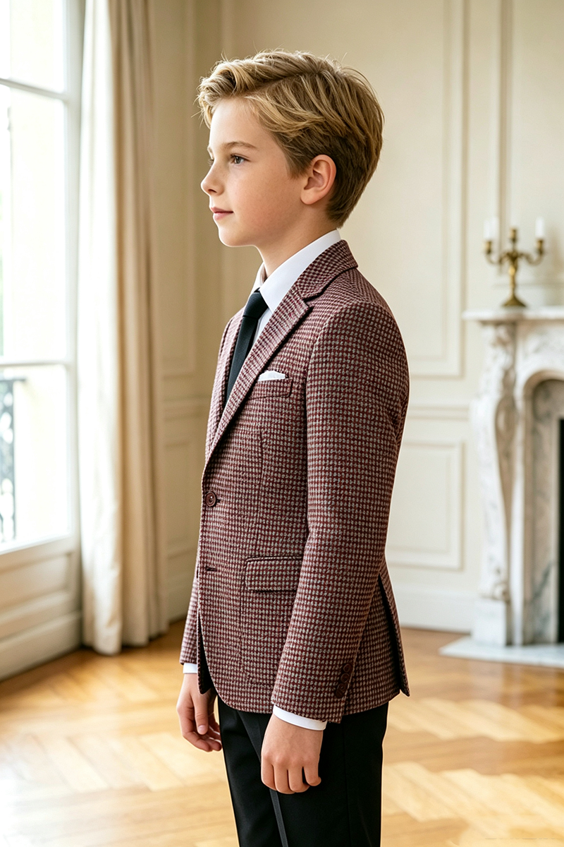 Boys Burgundy Houndstooth Blazer for Weddings with Notch Lapel