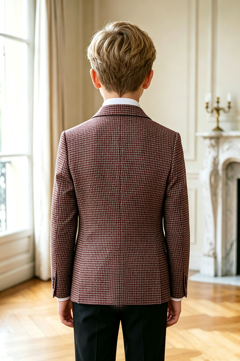 Boys Burgundy Houndstooth Blazer for Weddings with Notch Lapel