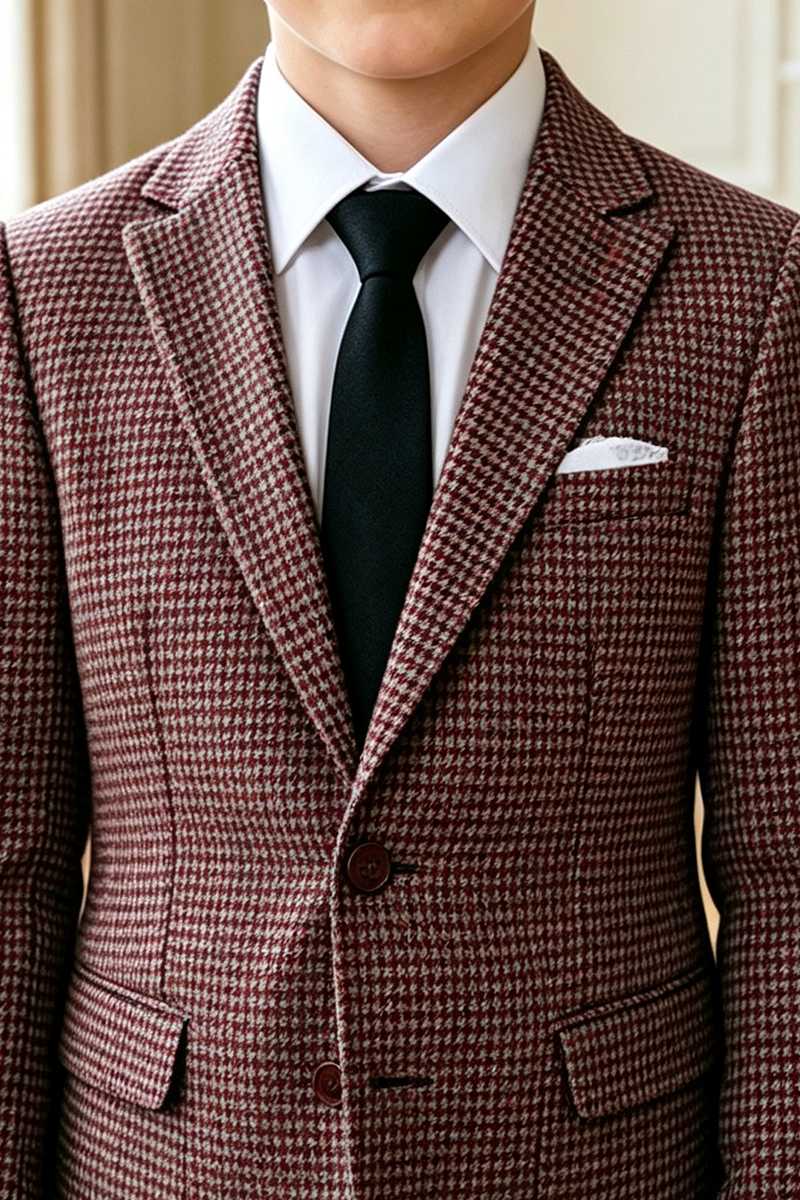 Boys Burgundy Houndstooth Blazer for Weddings with Notch Lapel