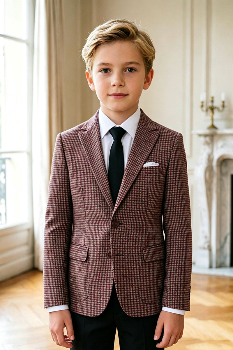 Boys Burgundy Houndstooth Blazer for Weddings with Notch Lapel