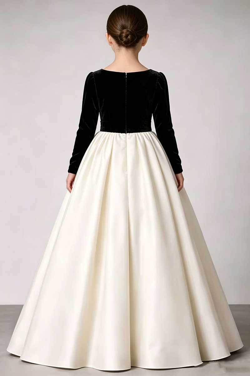 Girls Black Velvet Satin Gown for Weddings with Large Waist Bow
