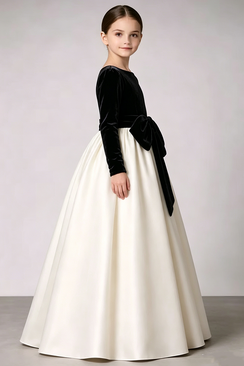 Girls Black Velvet Satin Gown for Weddings with Large Waist Bow