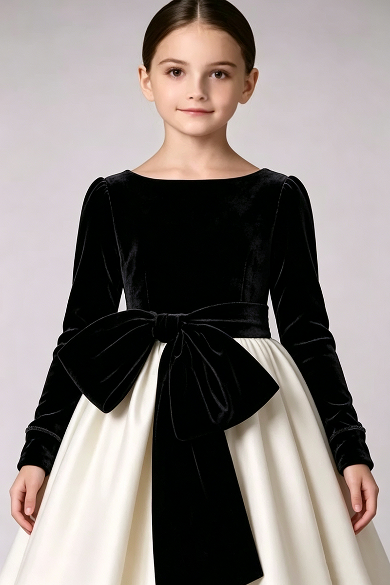 Girls Black Velvet Satin Gown for Weddings with Large Waist Bow