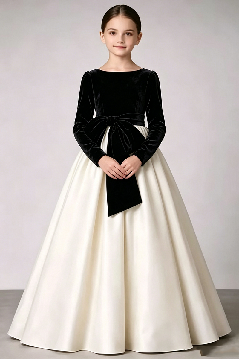 Girls Black Velvet Satin Gown for Weddings with Large Waist Bow