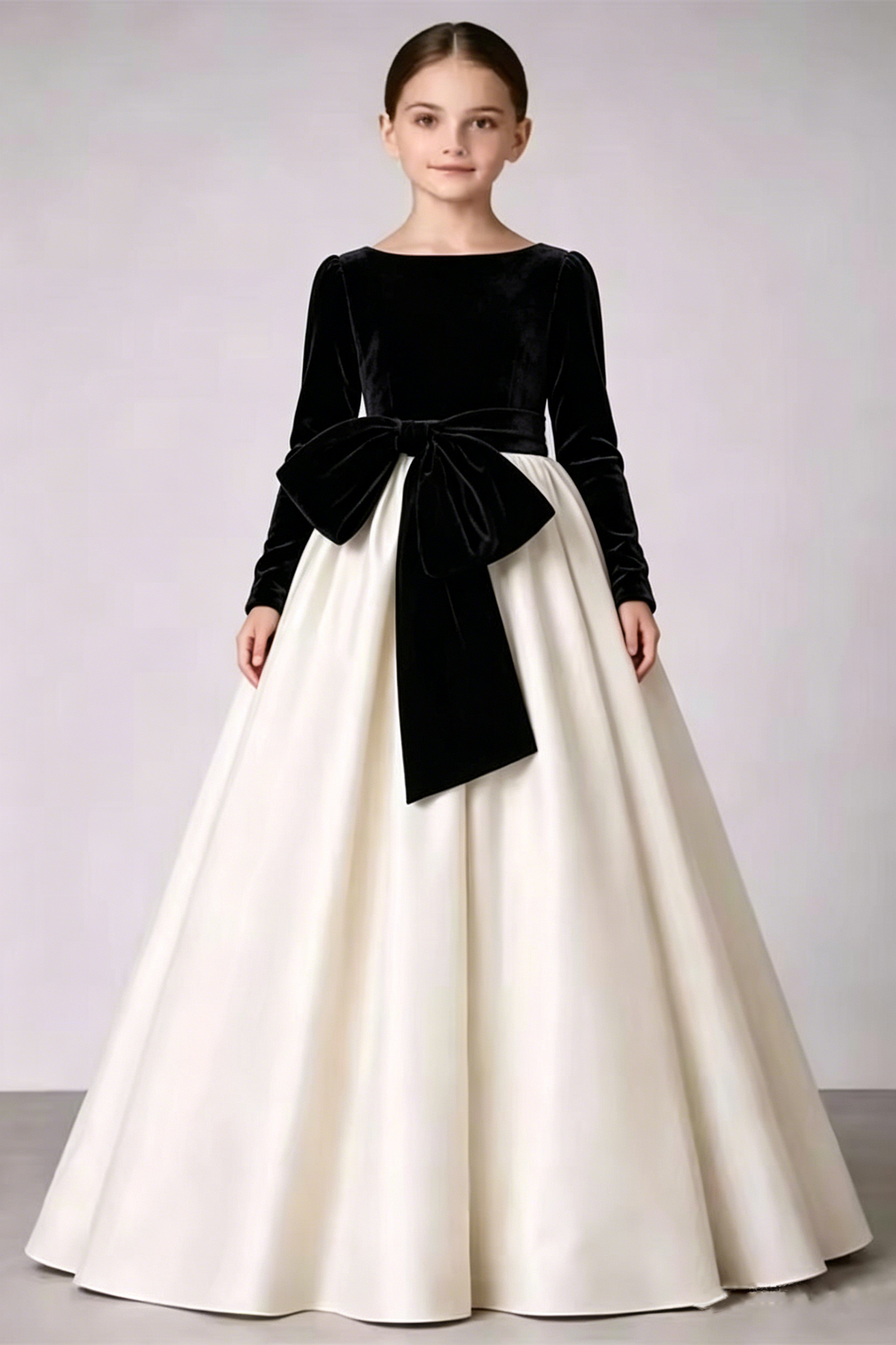 Girls Black Velvet Satin Gown for Weddings with Large Waist Bow