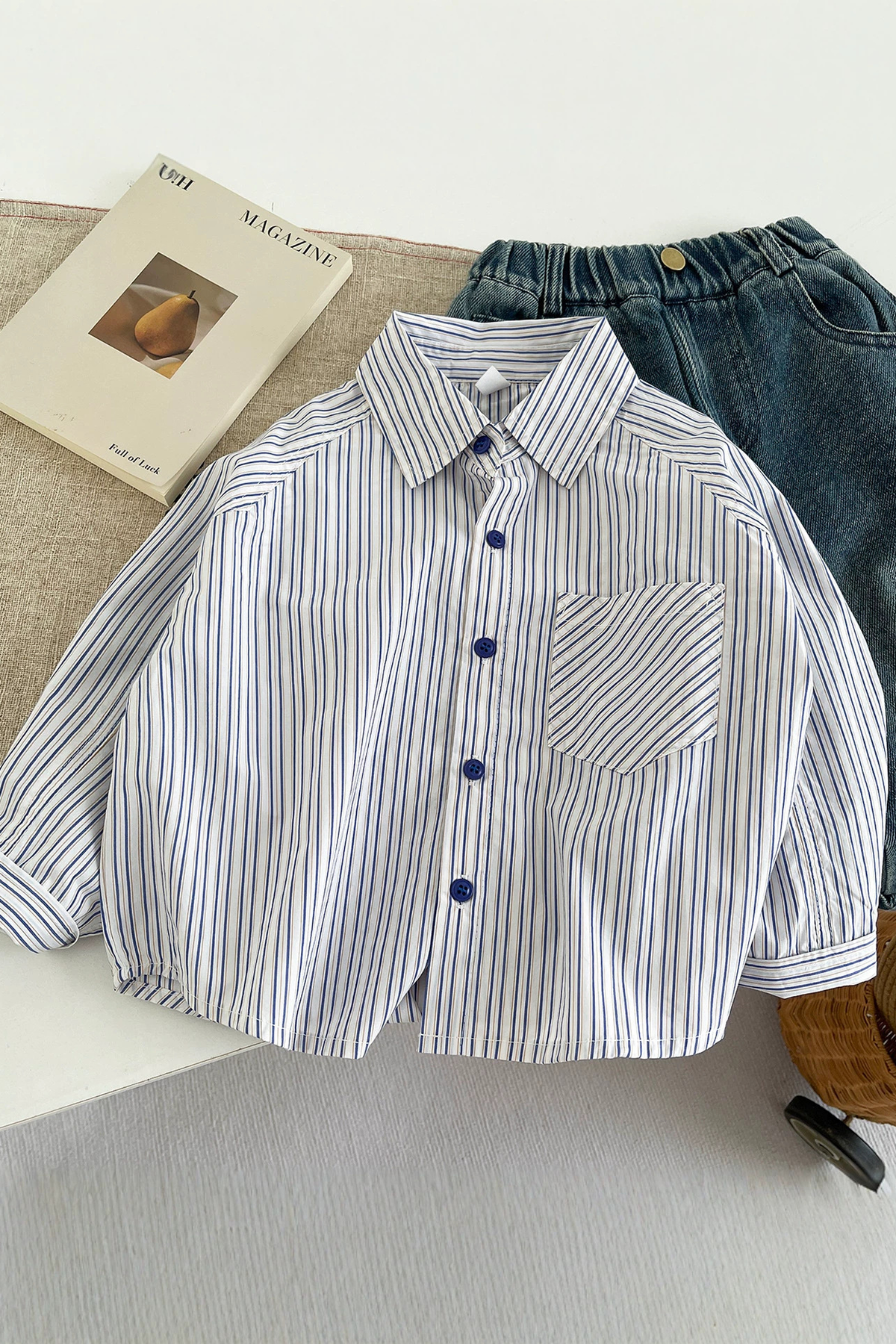 Boys White Vertical Stripe Cotton Long Sleeve Shirt