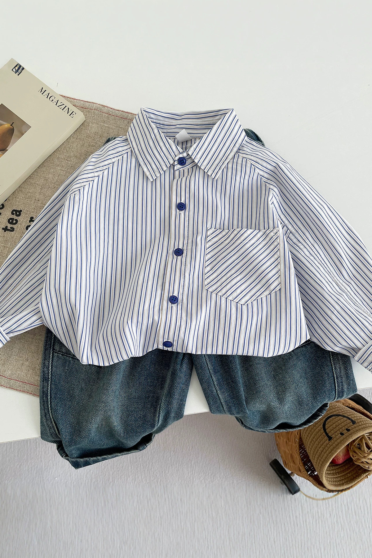 Boys White Vertical Stripe Cotton Long Sleeve Shirt