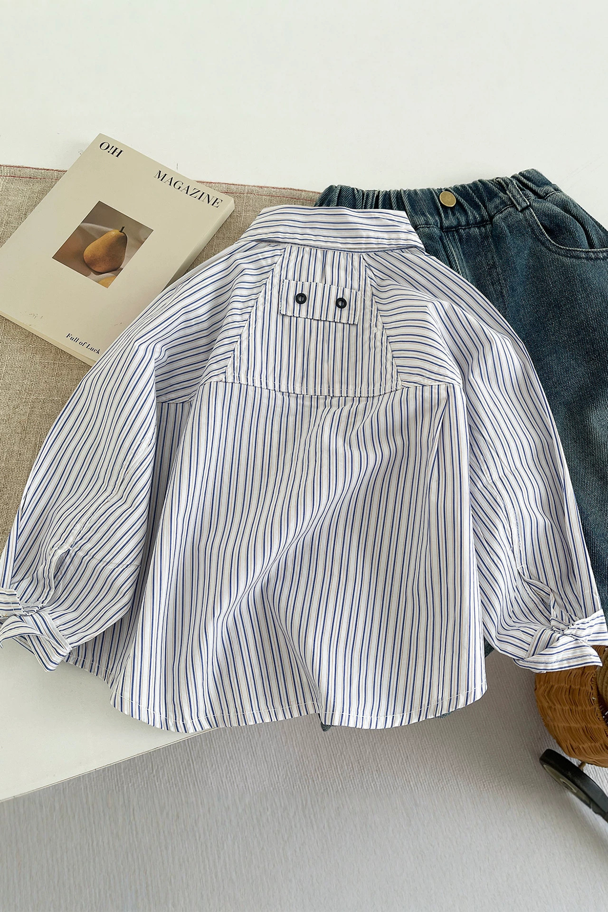 Boys White Vertical Stripe Cotton Long Sleeve Shirt