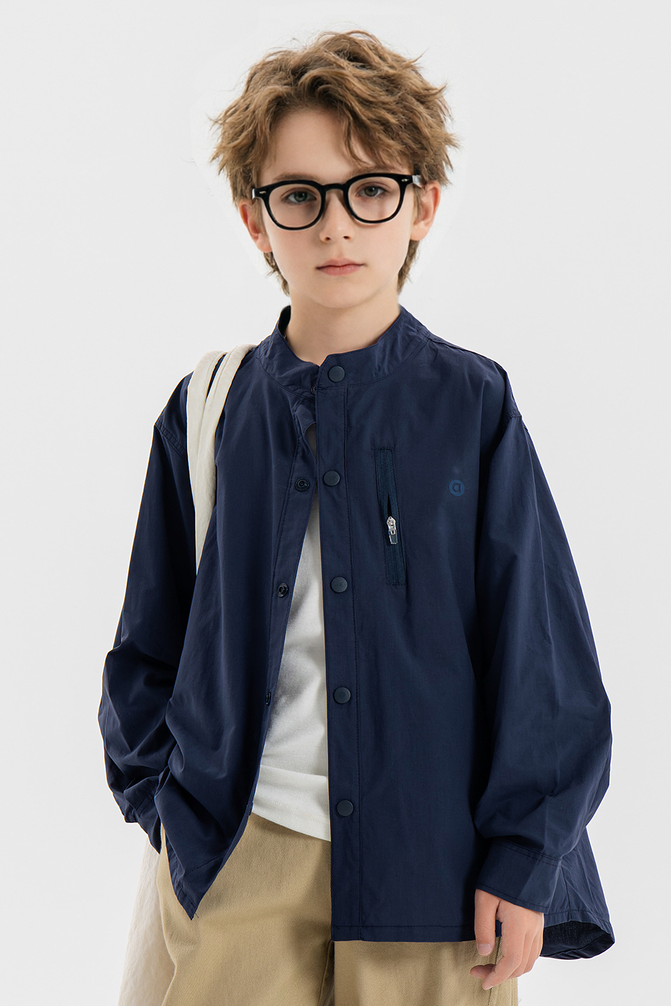 Light Blue Stand Collar Solid Cotton Long Sleeve Shirt