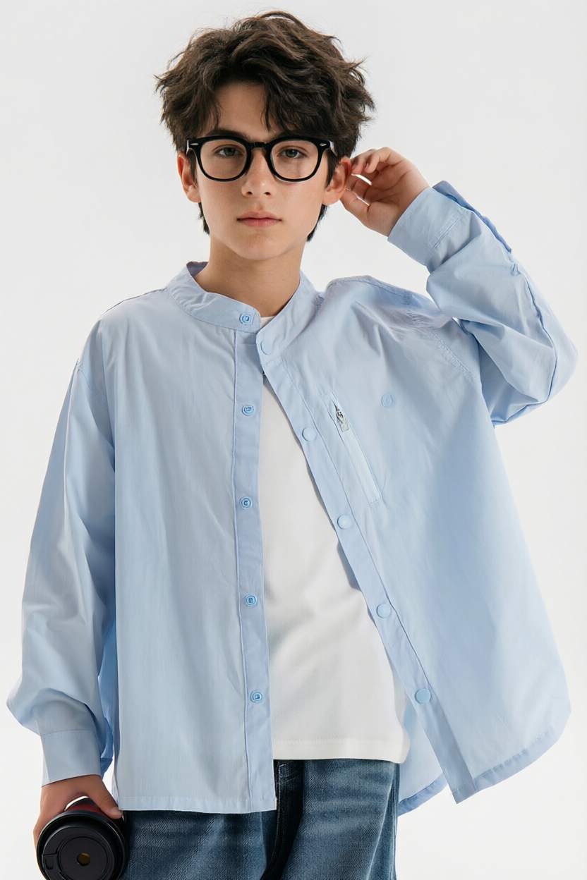 Light Blue Stand Collar Solid Cotton Long Sleeve Shirt