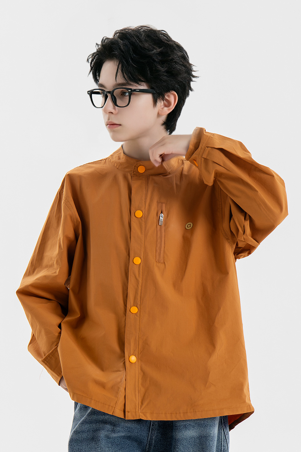 Light Blue Stand Collar Solid Cotton Long Sleeve Shirt