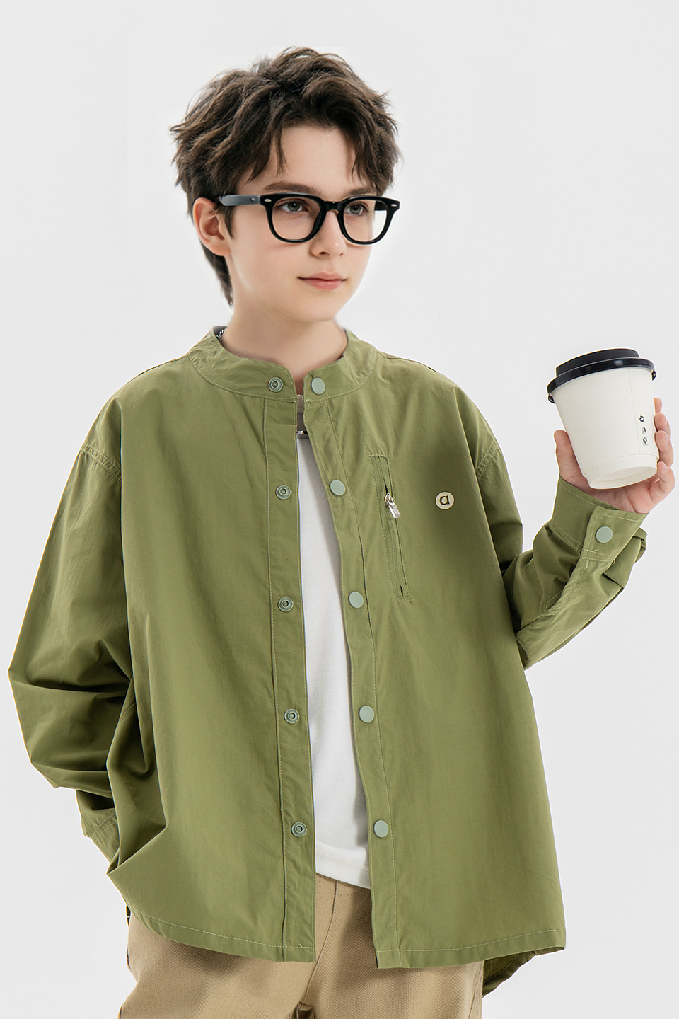 Light Blue Stand Collar Solid Cotton Long Sleeve Shirt