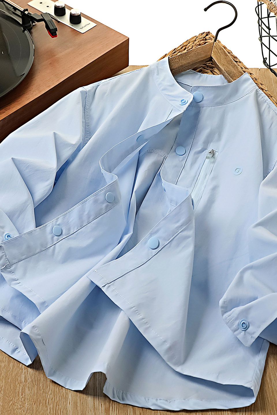 Light Blue Stand Collar Solid Cotton Long Sleeve Shirt