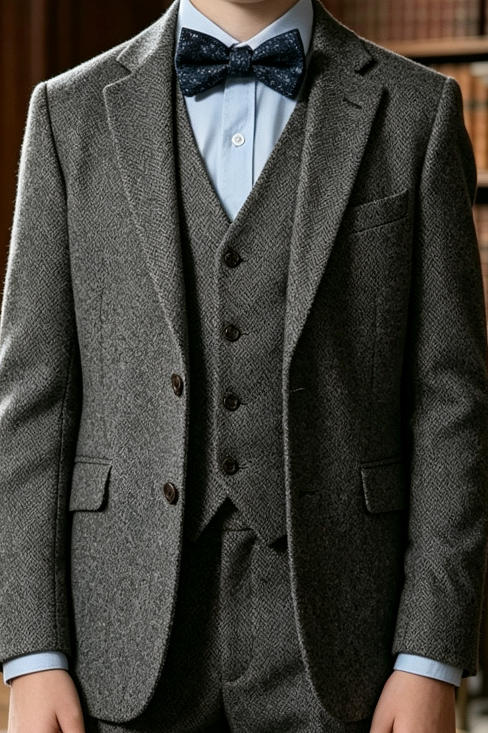 Dark Grey Oat Herringbone Single Breasted 3-Piece Suit Set