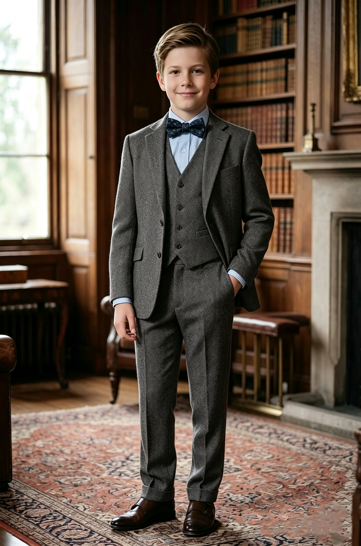 Dark Grey Oat Herringbone Single Breasted 3-Piece Suit Set