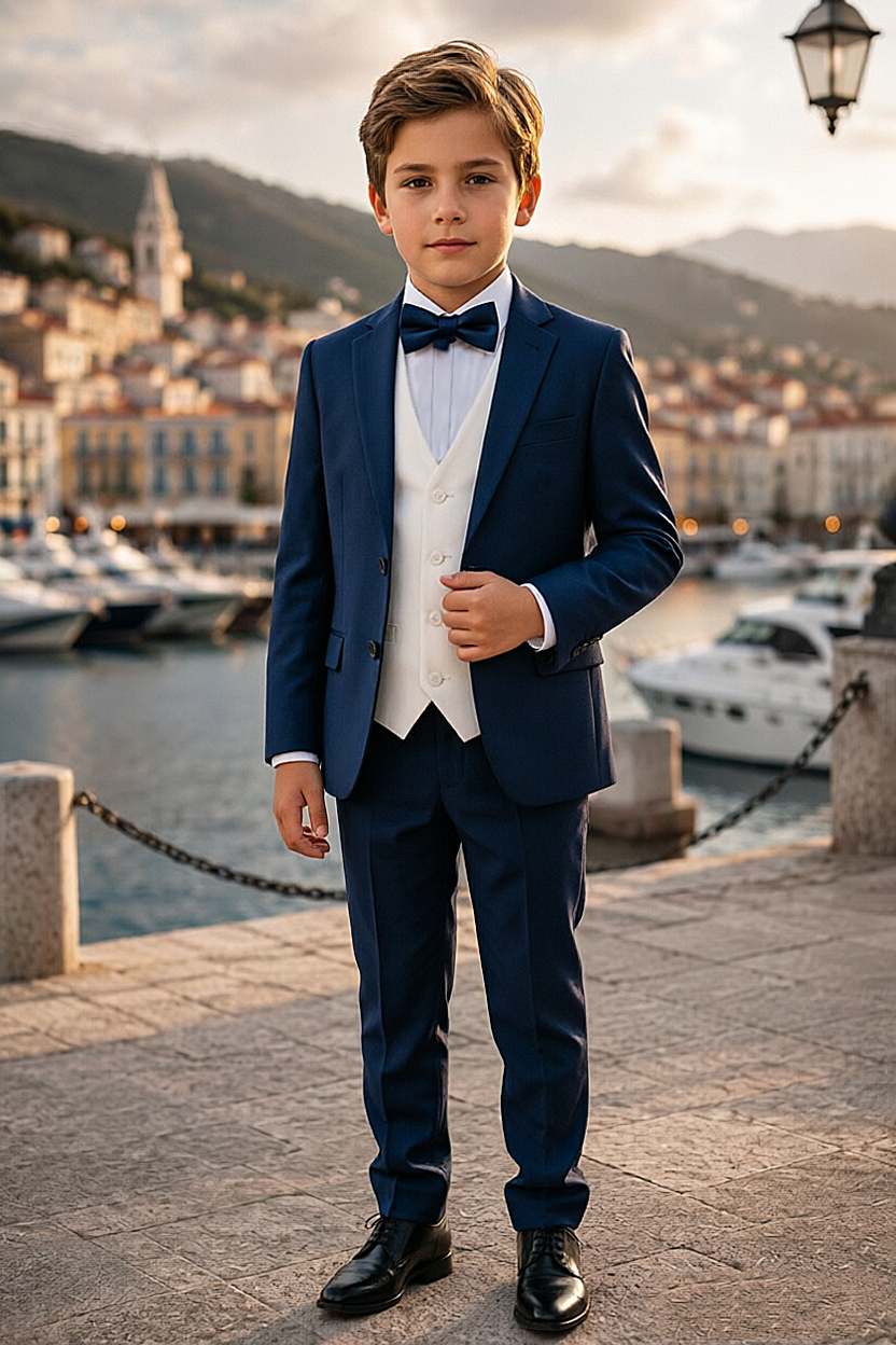 Navy & White Mix Single Breasted 3-Piece Suit Set