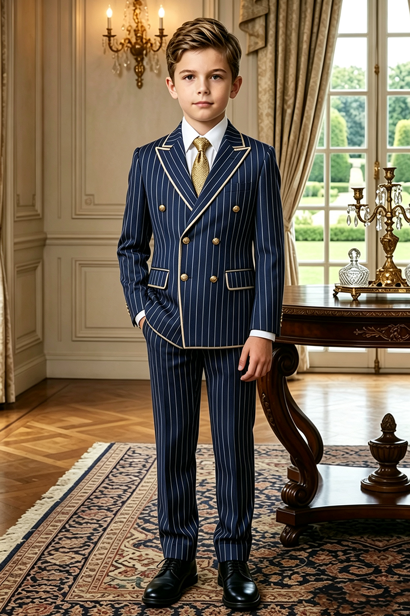 Boys Navy Pinstripe with Contrast Trim 2-Piece Suit