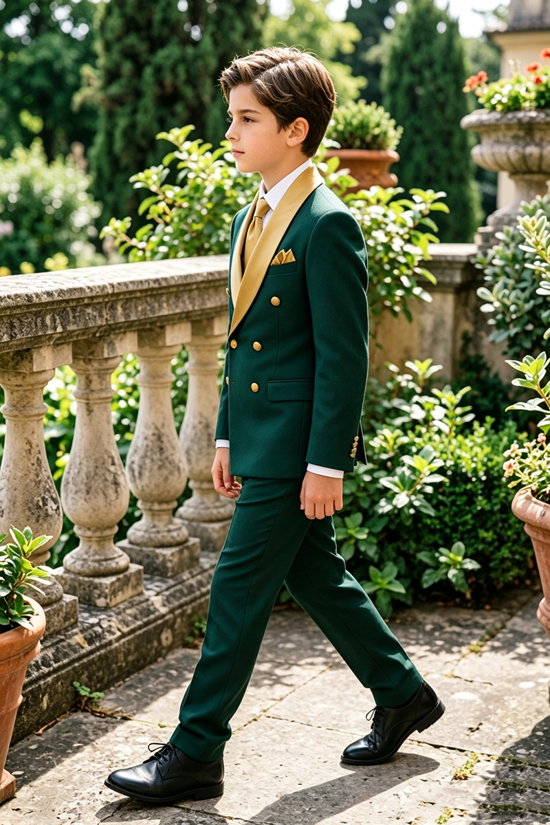 Boys Dark Green with Gold Shawl Lapel 2-Piece Suit