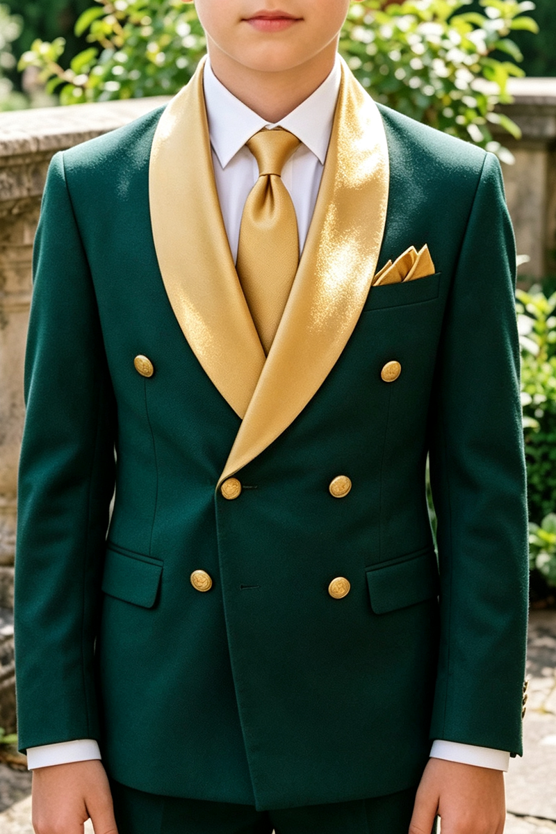 Boys Dark Green with Gold Shawl Lapel 2-Piece Suit