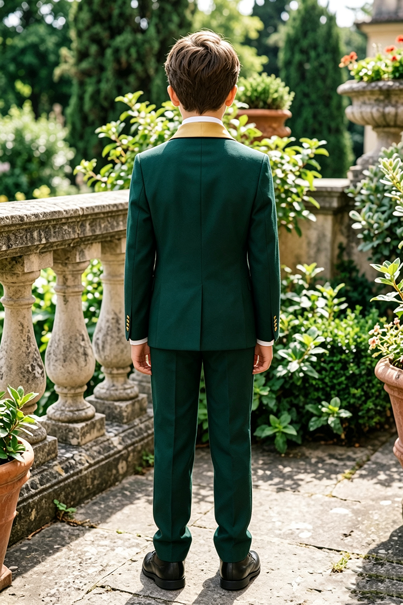 Boys Dark Green with Gold Shawl Lapel 2-Piece Suit