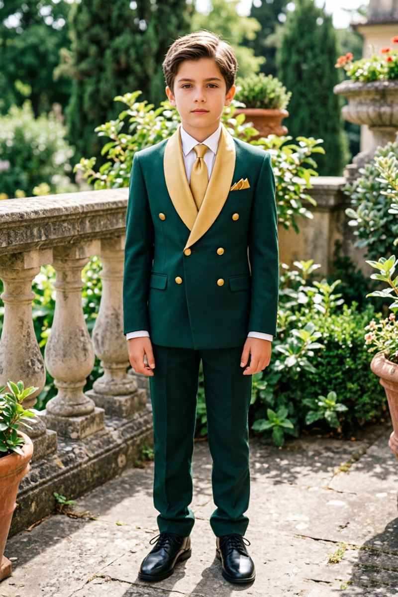 Boys Dark Green with Gold Shawl Lapel 2-Piece Suit