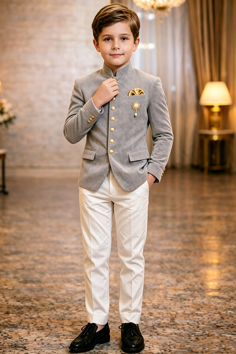 Boys Grey Velvet with Mandarin Stand Collar 2-Piece Suit