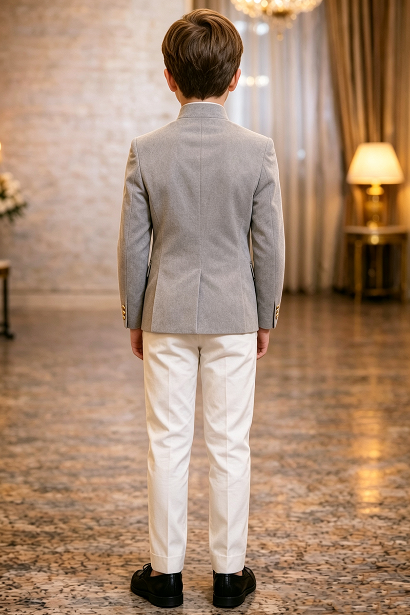Boys Grey Velvet with Mandarin Stand Collar 2-Piece Suit