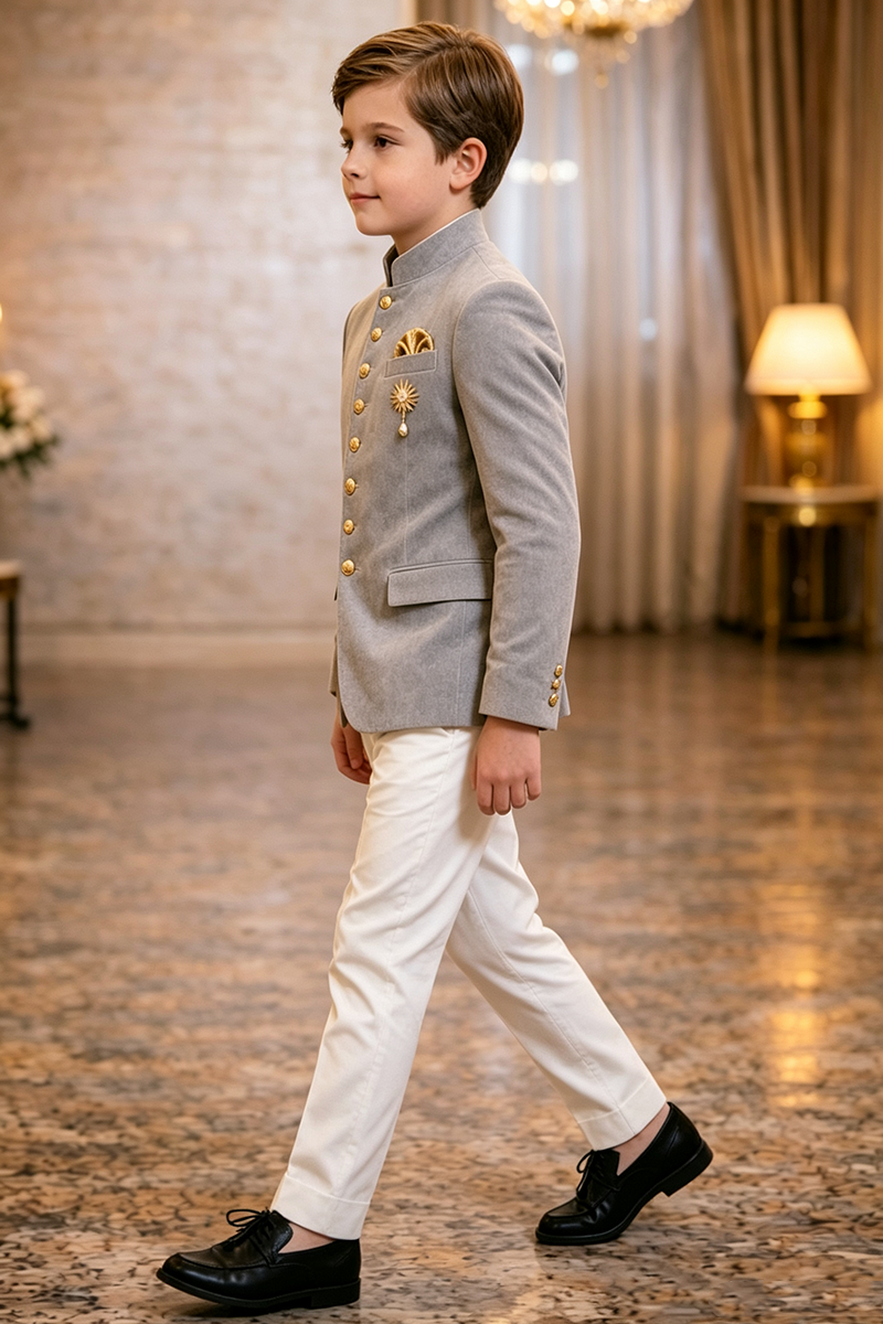 Boys Grey Velvet with Mandarin Stand Collar 2-Piece Suit