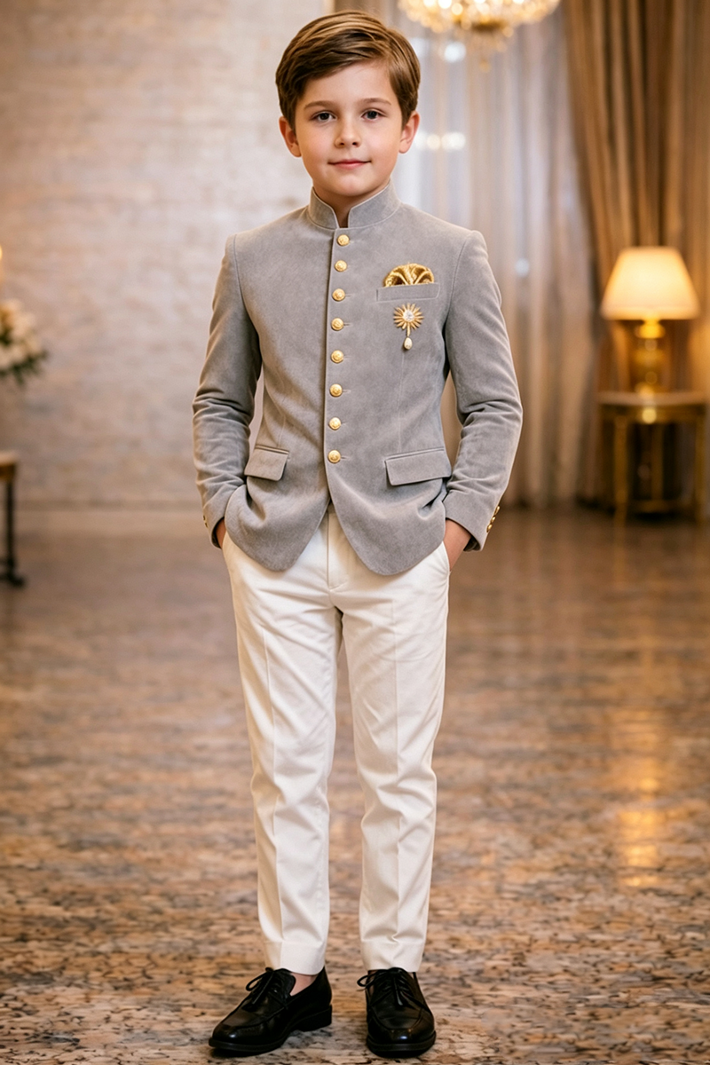 Boys Grey Velvet with Mandarin Stand Collar 2-Piece Suit
