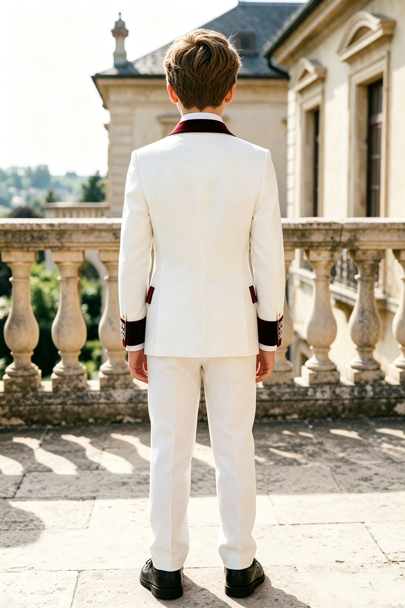 Boys White with Burgundy Velvet Lapel 2-Piece Suit