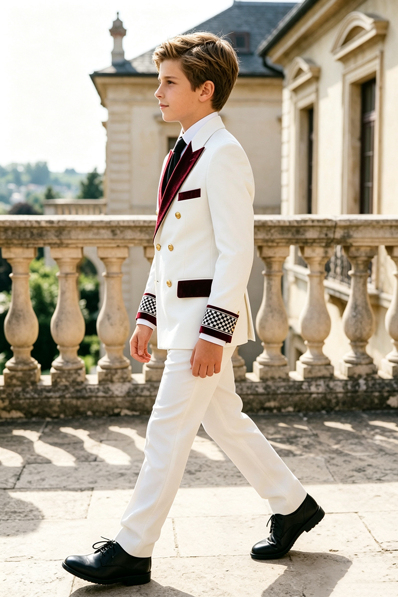 Boys White with Burgundy Velvet Lapel 2-Piece Suit