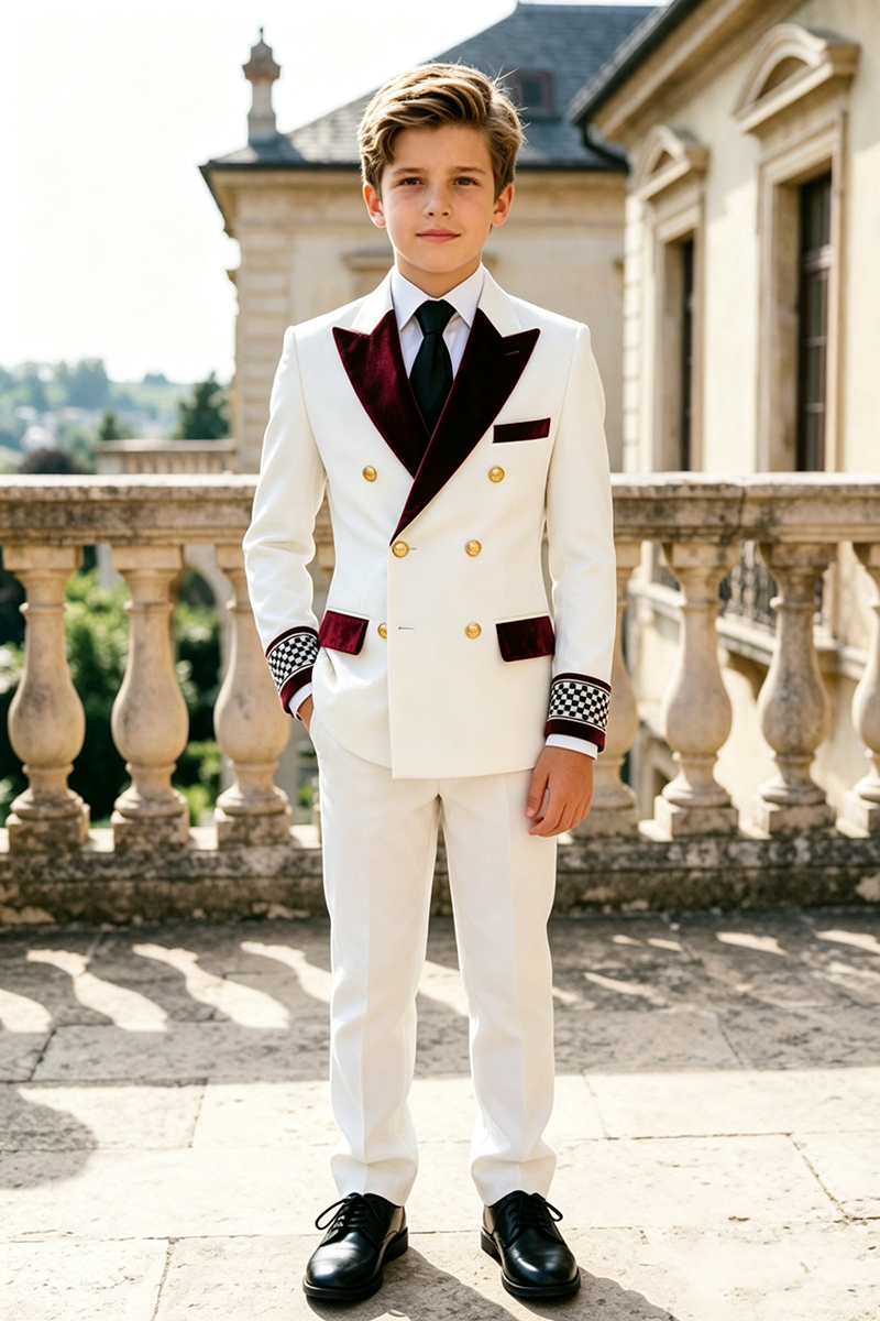 Boys White with Burgundy Velvet Lapel 2-Piece Suit