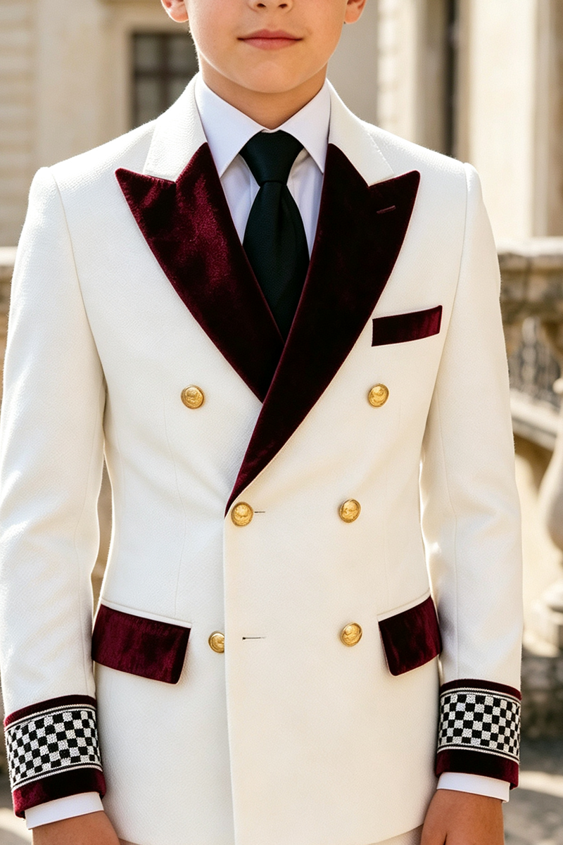 Boys White with Burgundy Velvet Lapel 2-Piece Suit