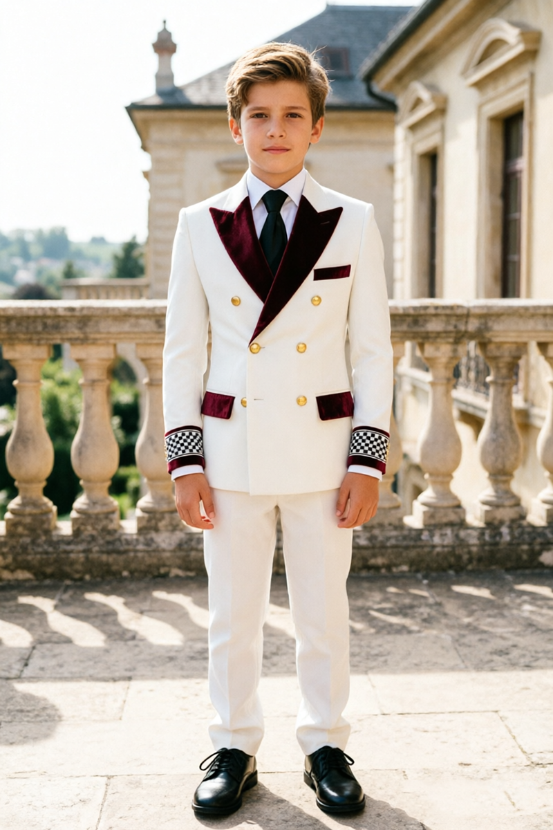 Boys White with Burgundy Velvet Lapel 2-Piece Suit