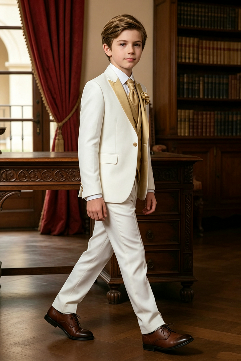 Boys White with Gold Satin Lapel 3-Piece Suit