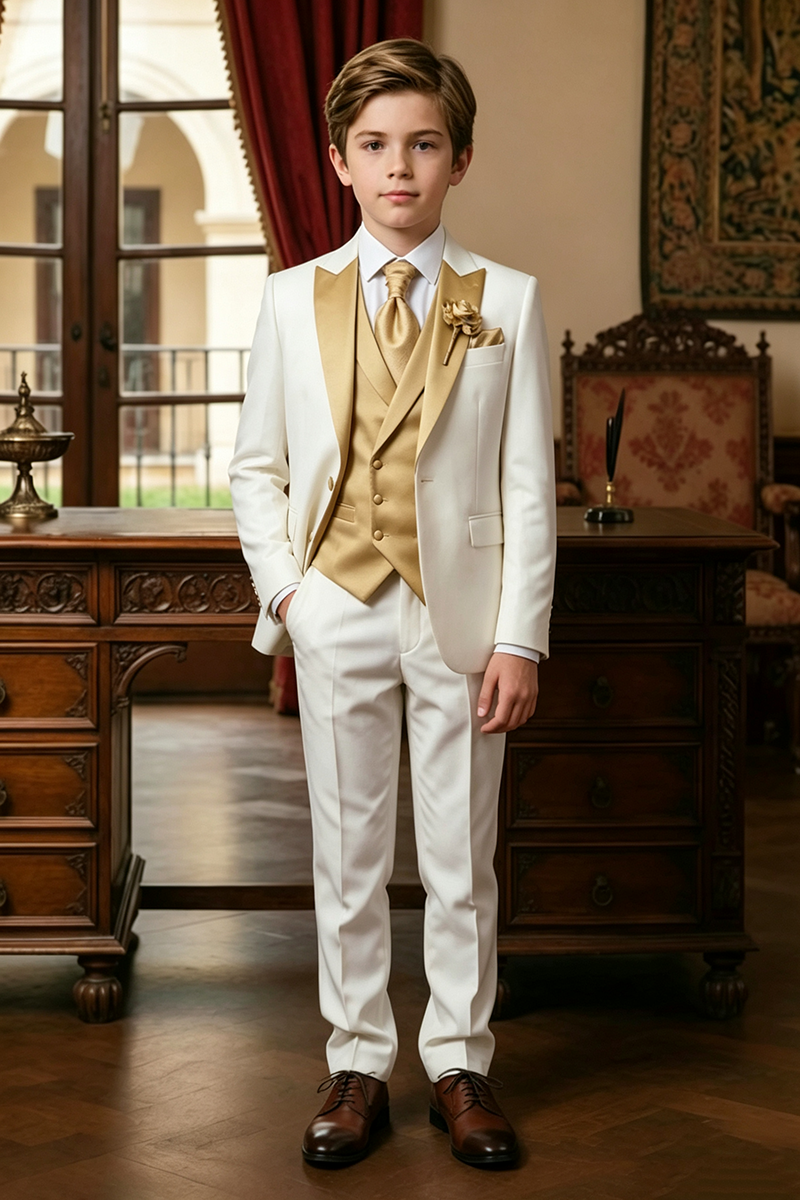 Boys White with Gold Satin Lapel 3-Piece Suit