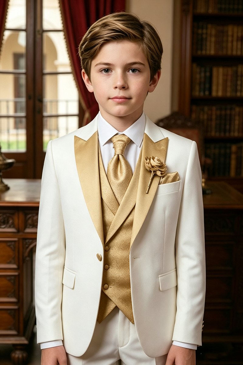 Boys White with Gold Satin Lapel 3-Piece Suit