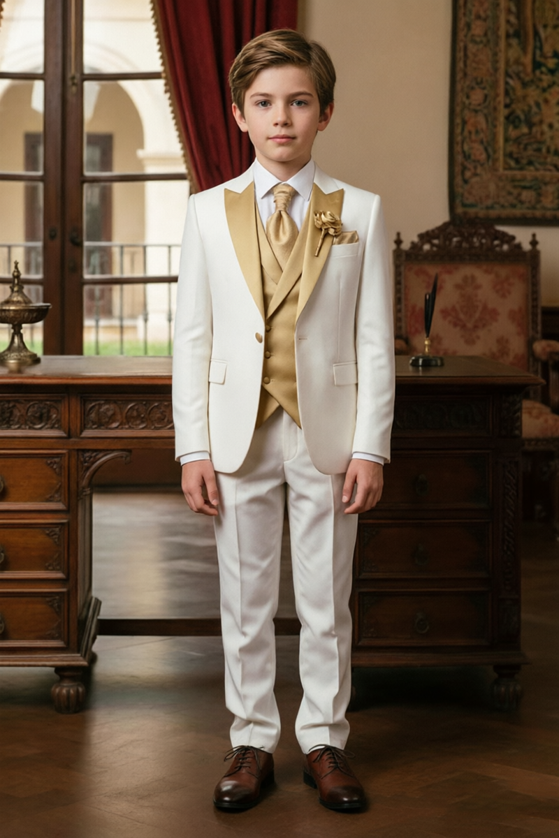 Boys White with Gold Satin Lapel 3-Piece Suit